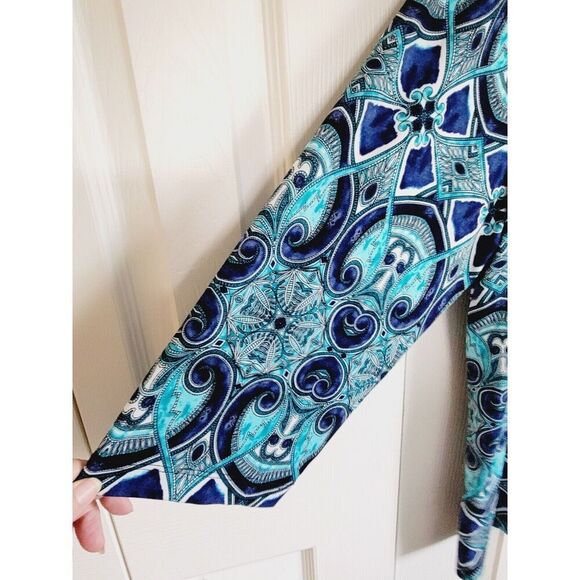 Chico's 3 Easy Wear Women's Turquoise Blue Geo Sweater Jacket 1 Button Slinky XL - Picture 3 of 6